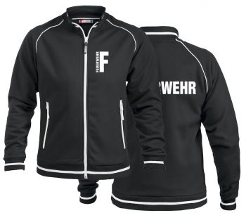 Sportliche Sweatjacke ohne Kapuze Beschriftung weiss FEUERWEHR klein auf Brust und gross auf Rücken