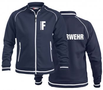 Sportliche Sweatjacke ohne Kapuze Beschriftung weiss FEUERWEHR klein auf Brust und gross auf Rücken