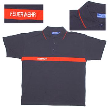 Polo-Shirt, Dunkelblau mit rotem Streifen eingenäht, FEUERWEHR gestickt, 100% Baumwolle