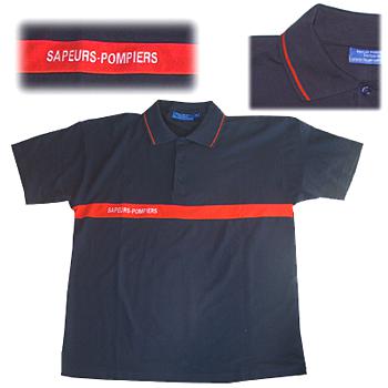 Polo-Shirt, Dunkelblau mit rotem Streifen eingenäht, SAPEURS-POMPIERS gestickt, 100% Baumwolle