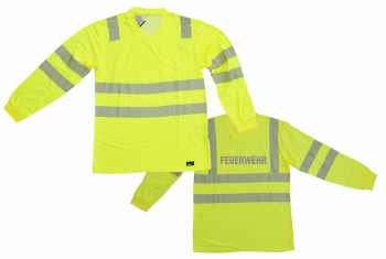 T-Shirt mit V-Ausschnitt ISO 20471 Klasse 2 Beschriftung refl. FEUERWEHR klein auf Brust und gross auf Rücken