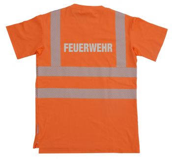 T-Shirt mit V-Ausschnitt ISO 20471 Klasse 2 Beschriftung refl. FEUERWEHR gross auf Rücken