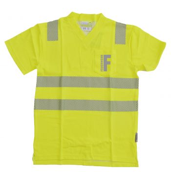 T-Shirt mit V-Ausschnitt ISO 20471 Klasse 2 Beschriftung refl. FEUERWEHR klein auf Brust