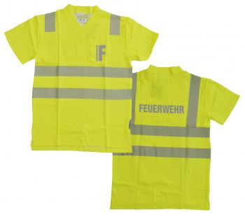 T-Shirt mit V-Ausschnitt ISO 20471 Klasse 2 Beschriftung refl. FEUERWEHR klein auf Brust und gross auf Rücken
