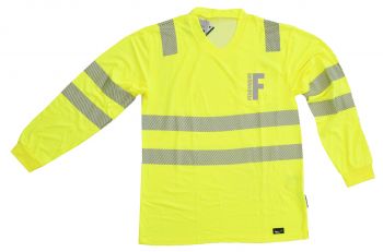 V-Neck Langarm T-Shirt ISO 20471 Klasse 2 Beschriftung refl. FEUERWEHR klein auf Brust