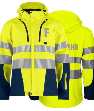 Funktionnelle Softshell-Jacke EN ISO 20471 Klasse 3/2 Beschriftung refl. FEUERWEHR klein auf Brust und gross auf Rücken