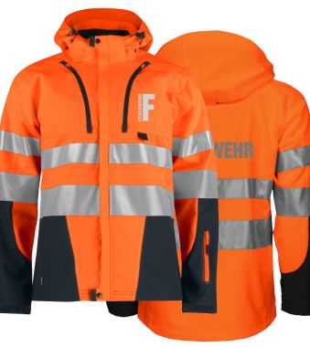 Funktionnelle Softshell-Jacke EN ISO 20471 Klasse 3/2 Beschriftung refl. FEUERWEHR klein auf Brust und gross auf Rücken
