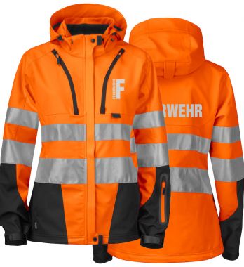 Softshell Damenjacke EN ISO20471 Klasse 3/2 Beschriftung refl. FEUERWEHR klein auf Brust und gross auf Rücken