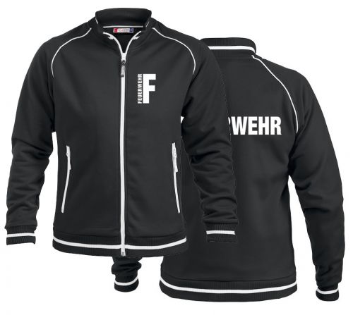 Sportliche Sweatjacke ohne Kapuze Beschriftung weiss FEUERWEHR klein auf Brust und gross auf Rücken