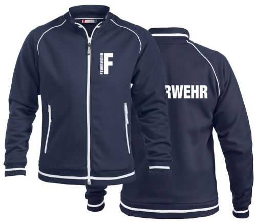 Sportliche Sweatjacke ohne Kapuze Beschriftung weiss FEUERWEHR klein auf Brust und gross auf Rücken