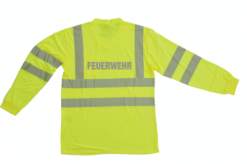 V-Neck Langarm T-Shirt ISO 20471 Klasse 2 Beschriftung refl. FEUERWEHR gross auf Rücken