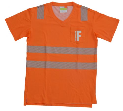 T-Shirt mit V-Ausschnitt ISO 20471 Klasse 2 Beschriftung refl. FEUERWEHR klein auf Brust