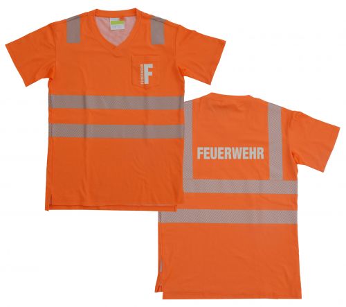 T-Shirt mit V-Ausschnitt ISO 20471 Klasse 2 Beschriftung refl. FEUERWEHR klein auf Brust und gross auf Rücken