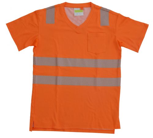 T-Shirt mit V-Ausschnitt ISO 20471 Klasse 2 Beschriftung refl. FEUERWEHR gross auf Rücken