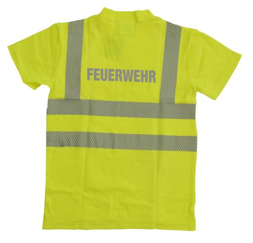 T-Shirt mit V-Ausschnitt ISO 20471 Klasse 2 Beschriftung refl. FEUERWEHR gross auf Rücken