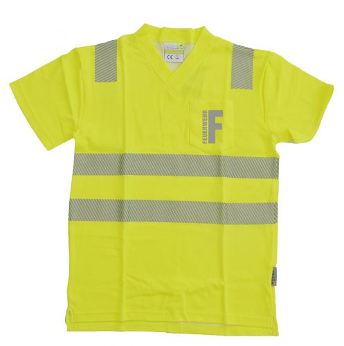 T-Shirt mit V-Ausschnitt ISO 20471 Klasse 2 Beschriftung refl. FEUERWEHR klein auf Brust
