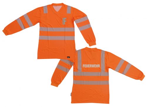 V-Neck Langarm T-Shirt ISO 20471 Klasse 2 Beschriftung refl. FEUERWEHR klein auf Brust und gross auf Rücken
