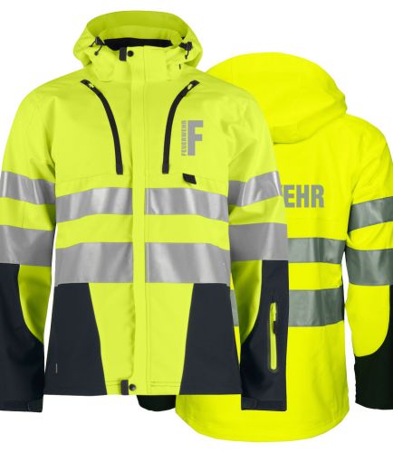 Funktionnelle Softshell-Jacke EN ISO 20471 Klasse 3/2 Beschriftung refl. FEUERWEHR klein auf Brust und gross auf Rücken