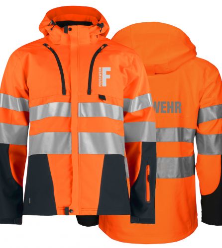 Funktionnelle Softshell-Jacke EN ISO 20471 Klasse 3/2 Beschriftung refl. FEUERWEHR klein auf Brust und gross auf Rücken