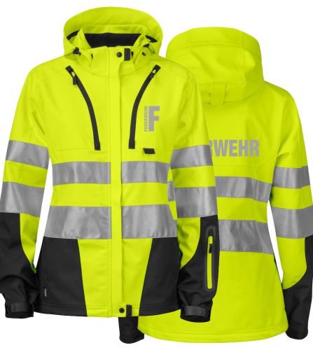 Softshell Damenjacke EN ISO20471 Klasse 3/2 Beschriftung refl. FEUERWEHR klein auf Brust und gross auf Rücken